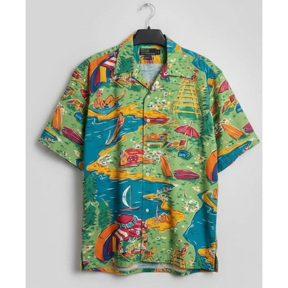 Polo Ralph Lauren Beach Scene Print Cotton Camp Shirt Green Mens Large 27x31‎